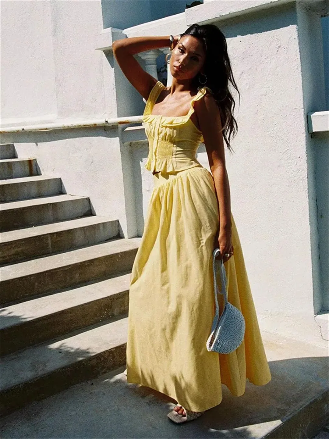 Women Cotton Set Top Skirt 2 Pcs Outfit Ruffles Button Slim Top A-Line Maxi Skirt Casual Dress