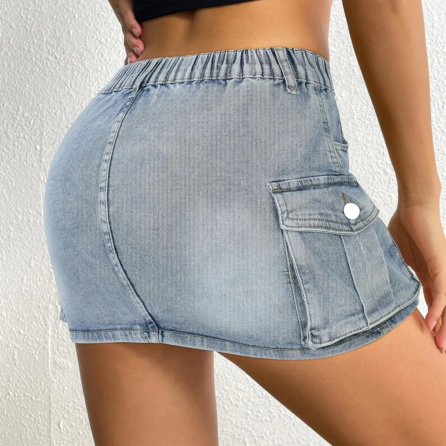 Women Denim Skirt Low Waist Cargo Skirt with Pockets Y2K Button Mini Jean Skirt