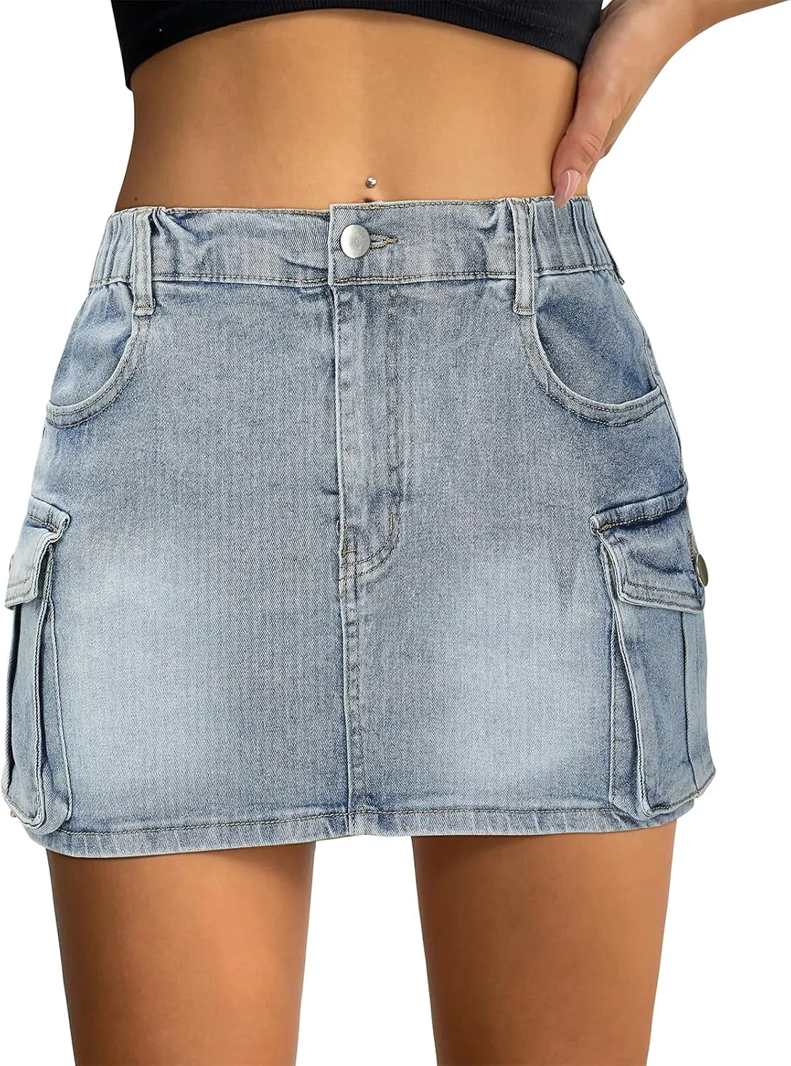 Women Denim Skirt Low Waist Cargo Skirt with Pockets Y2K Button Mini Jean Skirt