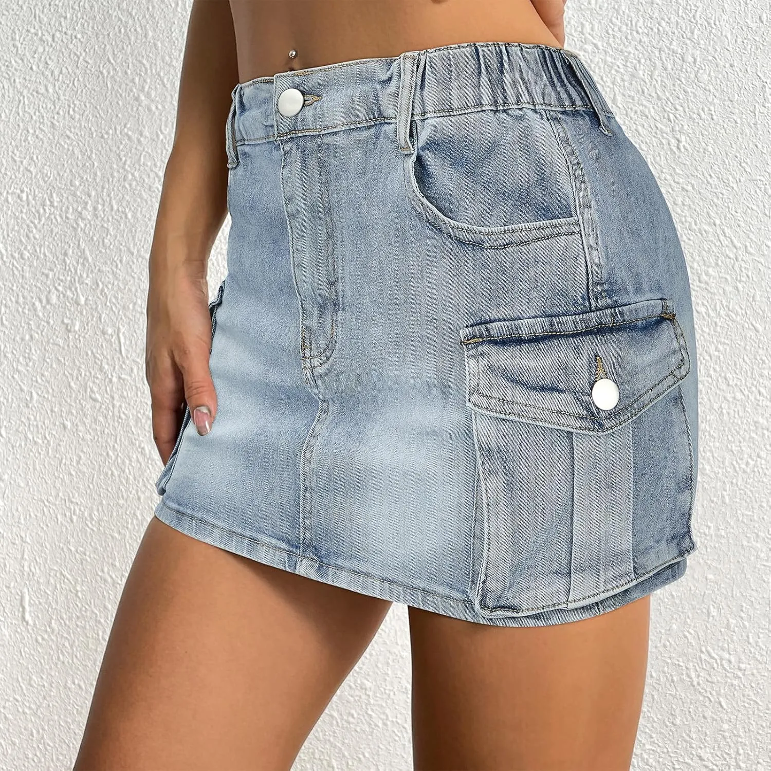 Women Denim Skirt Low Waist Cargo Skirt with Pockets Y2K Button Mini Jean Skirt