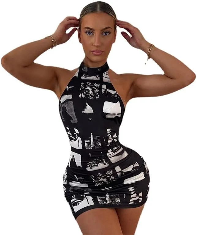 Women Dresses Halterneck Sleeveless Bodycon Dress Sexy Mini Dress Party Cocktail Club Dress Y2K Dress