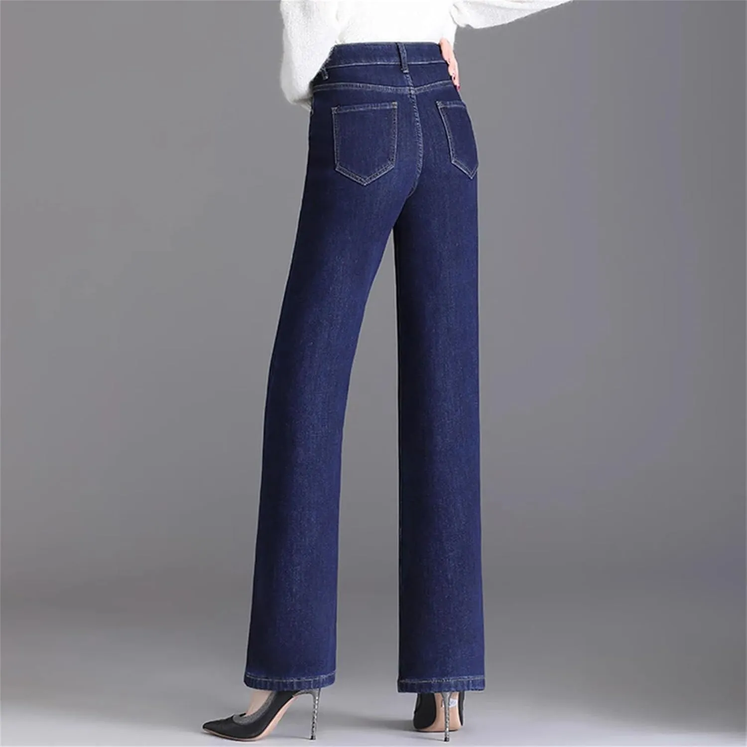 Women Elegant High Waist Straight Leg Jeans Thicken Warm Oversize Stretch Skinny Denim Pants