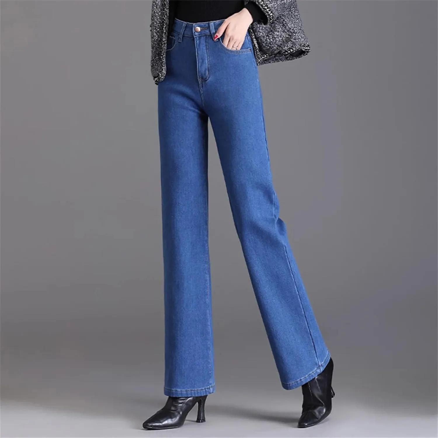 Women Elegant High Waist Straight Leg Jeans Thicken Warm Oversize Stretch Skinny Denim Pants