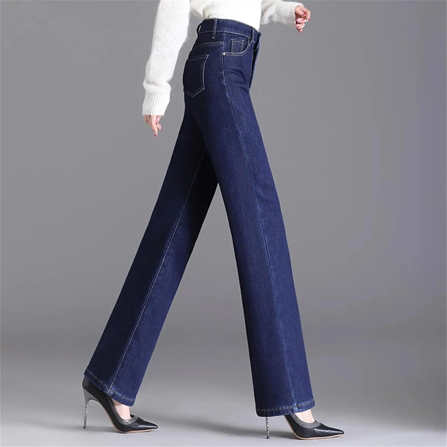 Women Elegant High Waist Straight Leg Jeans Thicken Warm Oversize Stretch Skinny Denim Pants