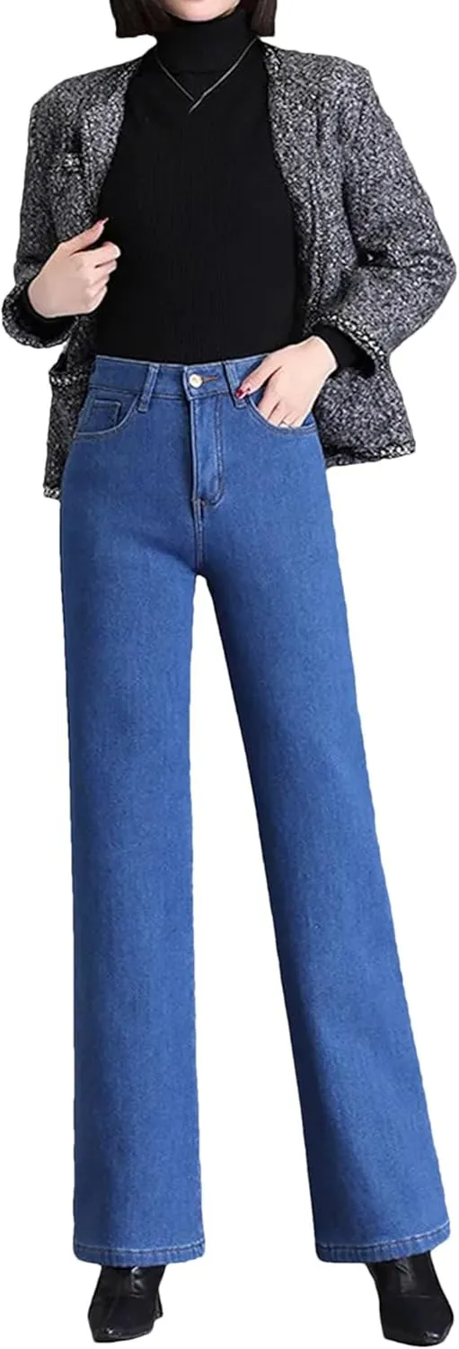 Women Elegant High Waist Straight Leg Jeans Thicken Warm Oversize Stretch Skinny Denim Pants
