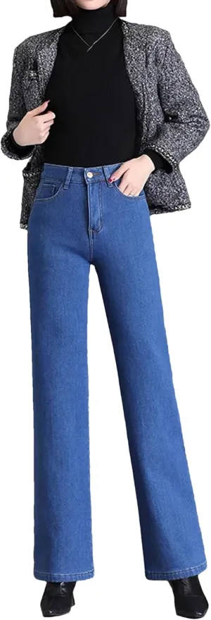 Women Elegant High Waist Straight Leg Jeans Thicken Warm Oversize Stretch Skinny Denim Pants
