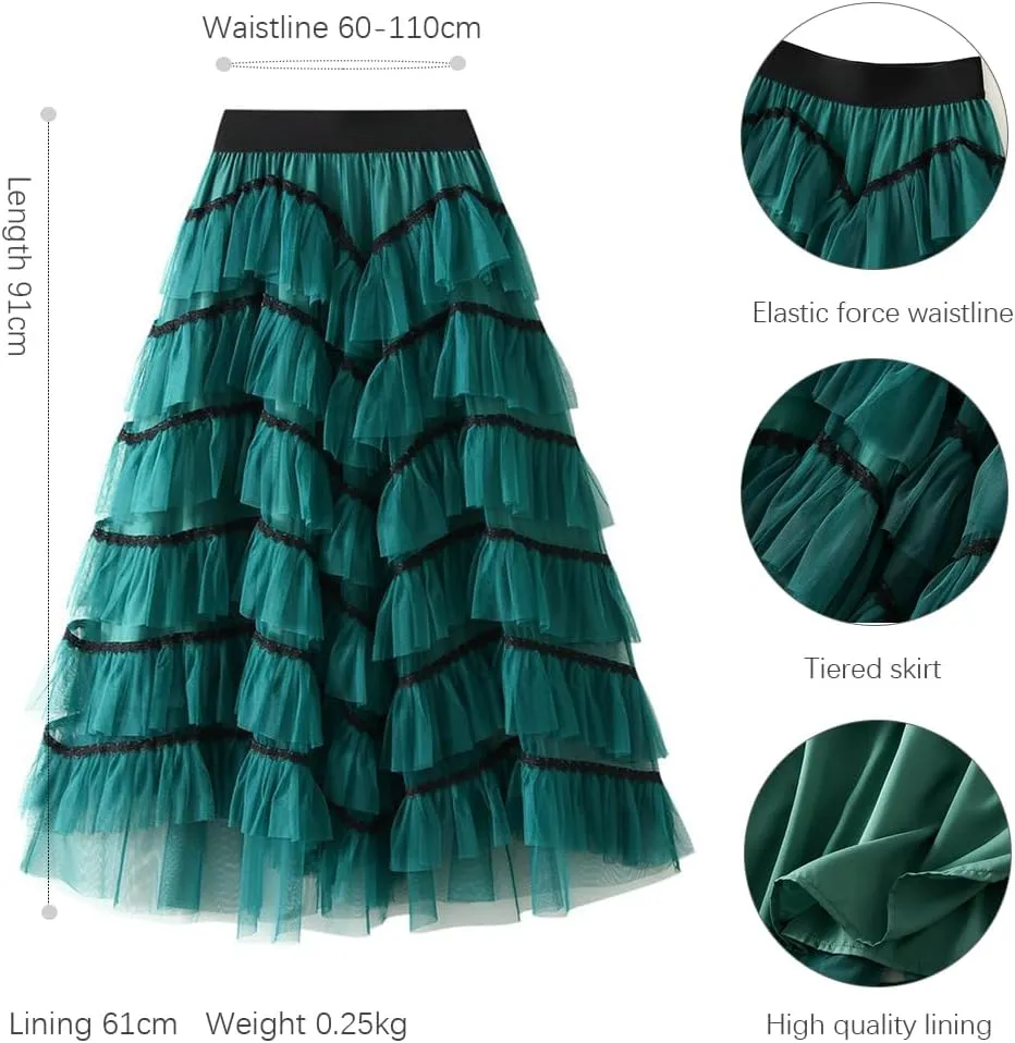 Women Glitter Stars Sparkle Tulle Skirt Elastic High Waist A-Line Midi Skirt for Wedding Evening Party Prom