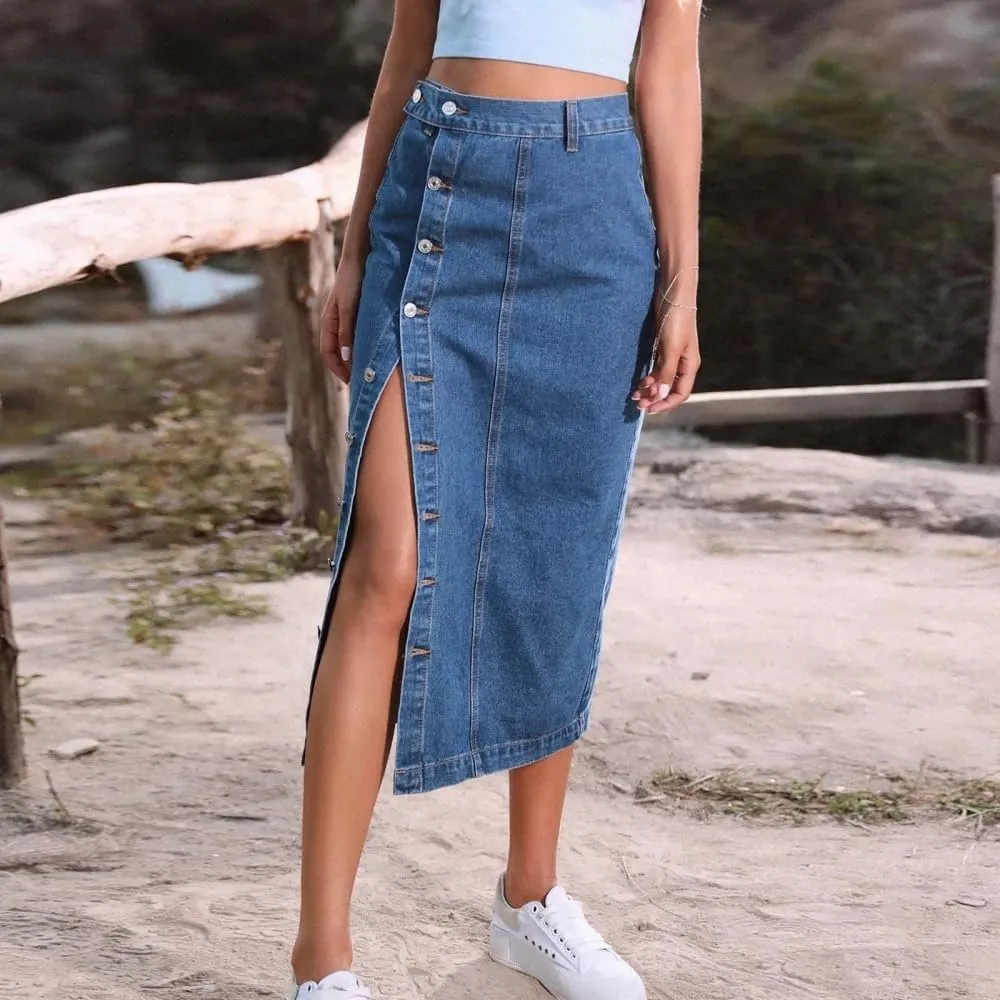 Women High Waist Button Front Split Denim Skirt Casual Midi Pencil Skirt Stretch Slim Fit Vintage Style