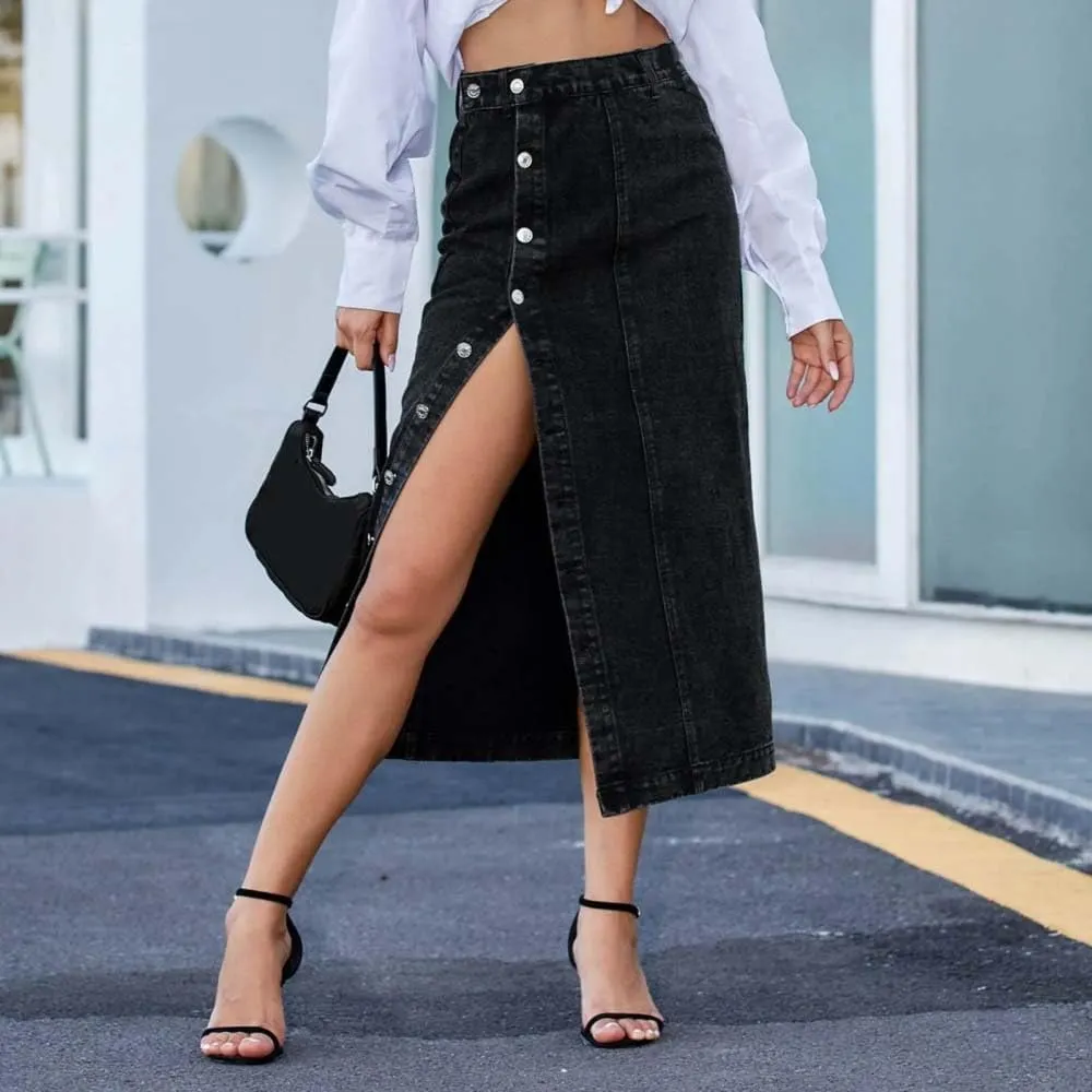 Women High Waist Button Front Split Denim Skirt Casual Midi Pencil Skirt Stretch Slim Fit Vintage Style