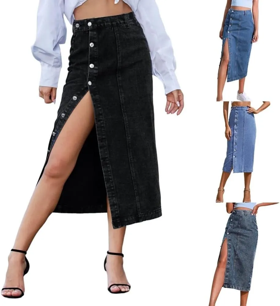 Women High Waist Button Front Split Denim Skirt Casual Midi Pencil Skirt Stretch Slim Fit Vintage Style