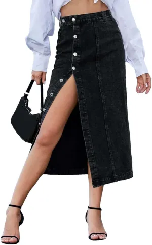 Women High Waist Button Front Split Denim Skirt Casual Midi Pencil Skirt Stretch Slim Fit Vintage Style