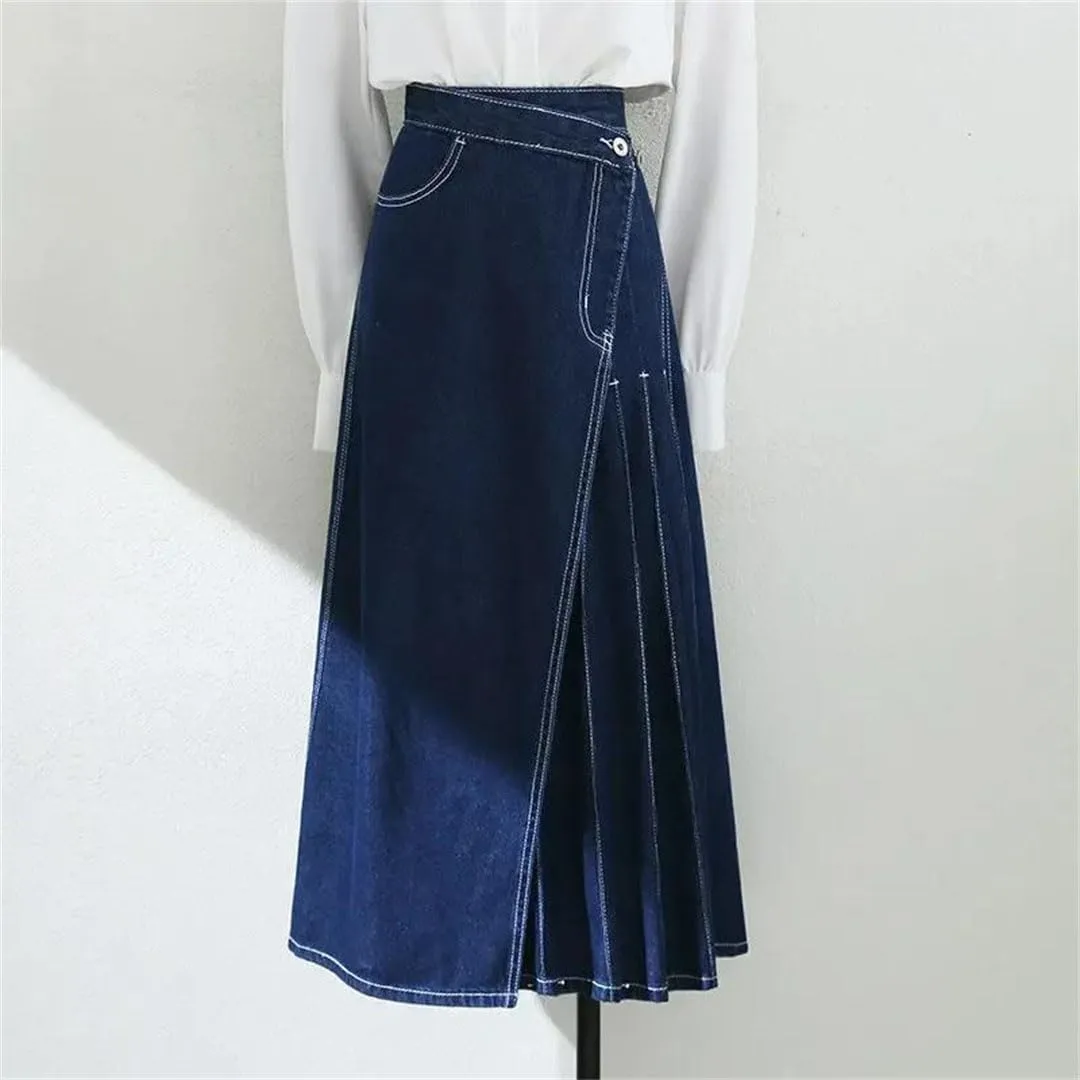 Women Irregular Pleated Baggy Casual High Loose A-Lined Jean Skirts