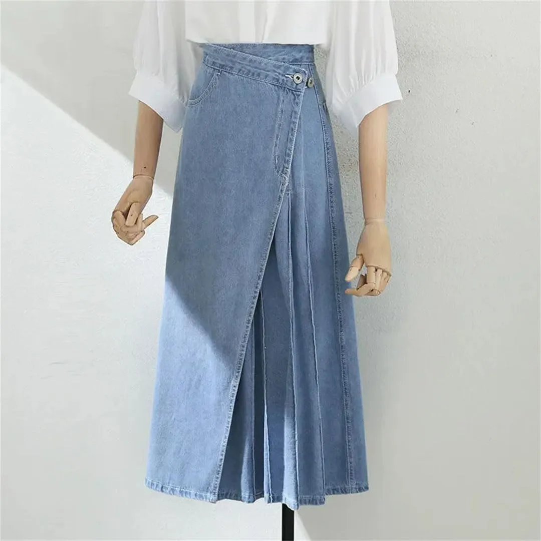 Women Irregular Pleated Baggy Casual High Loose A-Lined Jean Skirts