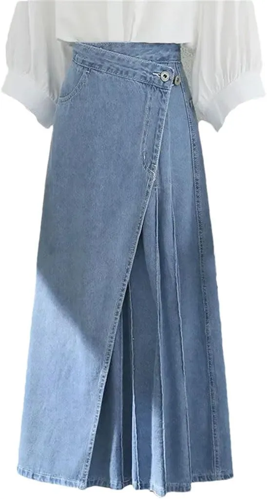 Women Irregular Pleated Baggy Casual High Loose A-Lined Jean Skirts