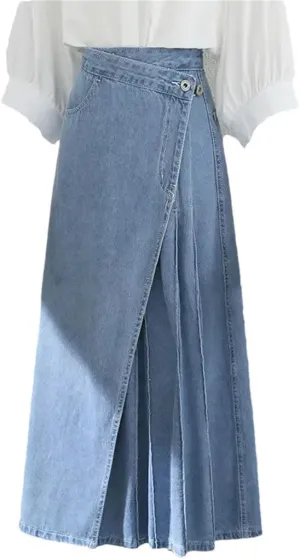 Women Irregular Pleated Baggy Casual High Loose A-Lined Jean Skirts