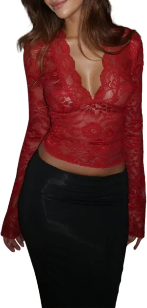 Women Lace Long Sleeve Shirt Sexy Deep V Neck See Through Crop Top Y2k Slim Fit Sheer Mesh Going Out Blouse