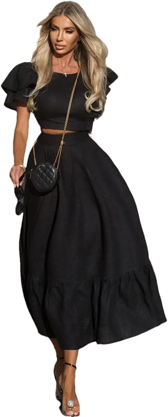 Women Linen 2 Piece Sets Outfit Short Sleeve Ruffle Crop Top With High Waist Long Skirts Set