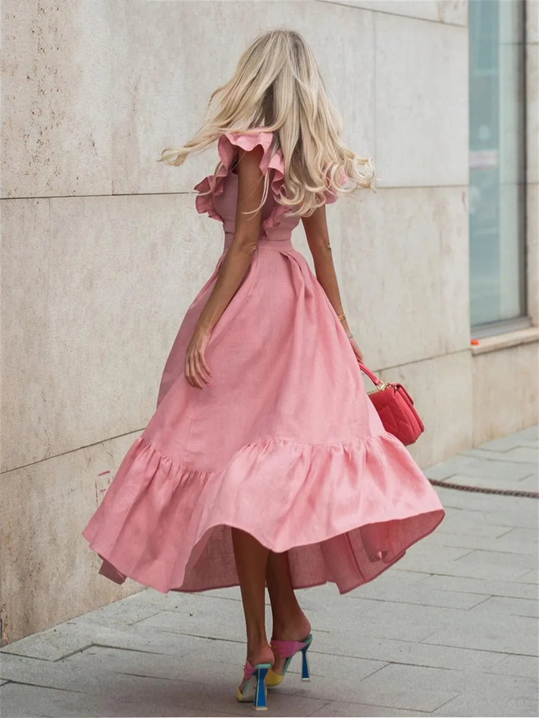 Women Linen 2 Piece Sets Outfit Short Sleeve Ruffle Crop Top With High Waist Long Skirts Set