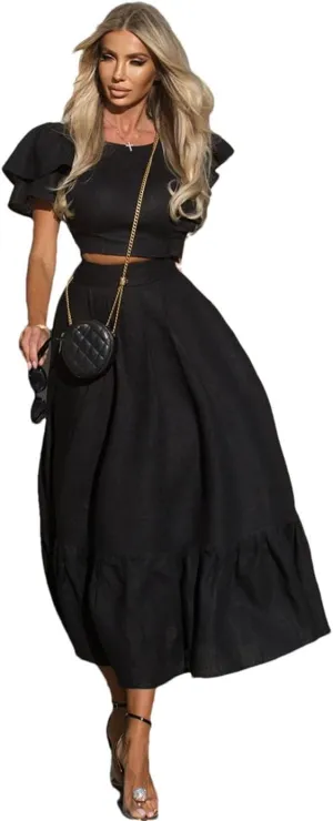 Women Linen 2 Piece Sets Outfit Short Sleeve Ruffle Crop Top With High Waist Long Skirts Set