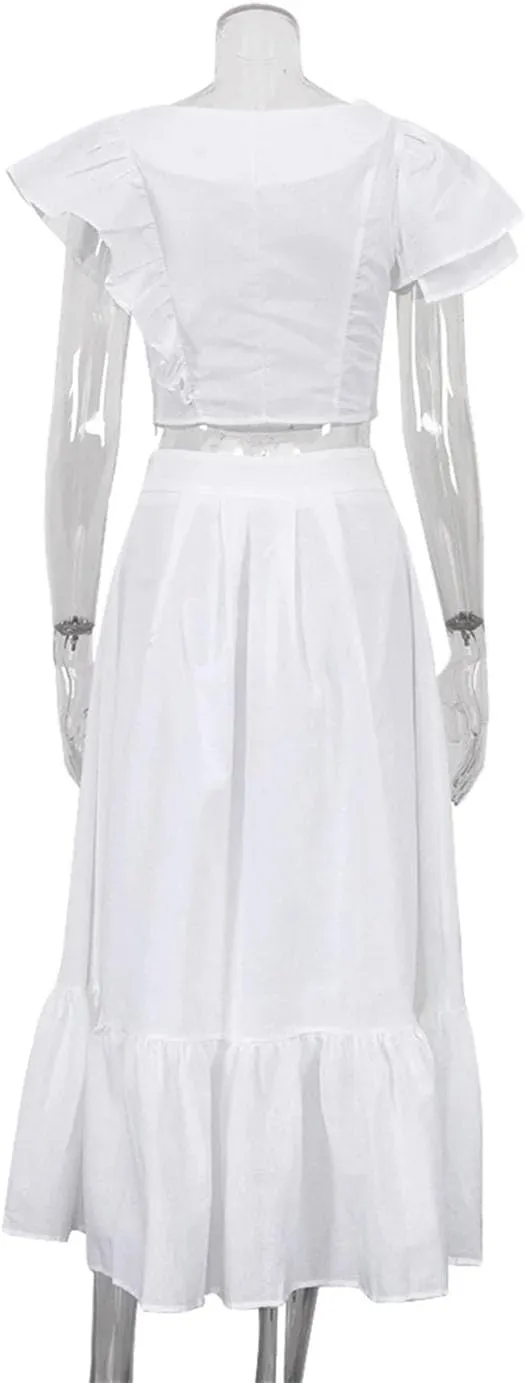 Women Linen 2 Piece Sets Outfit Short Sleeve Ruffle Crop Top With High Waist Long Skirts Set