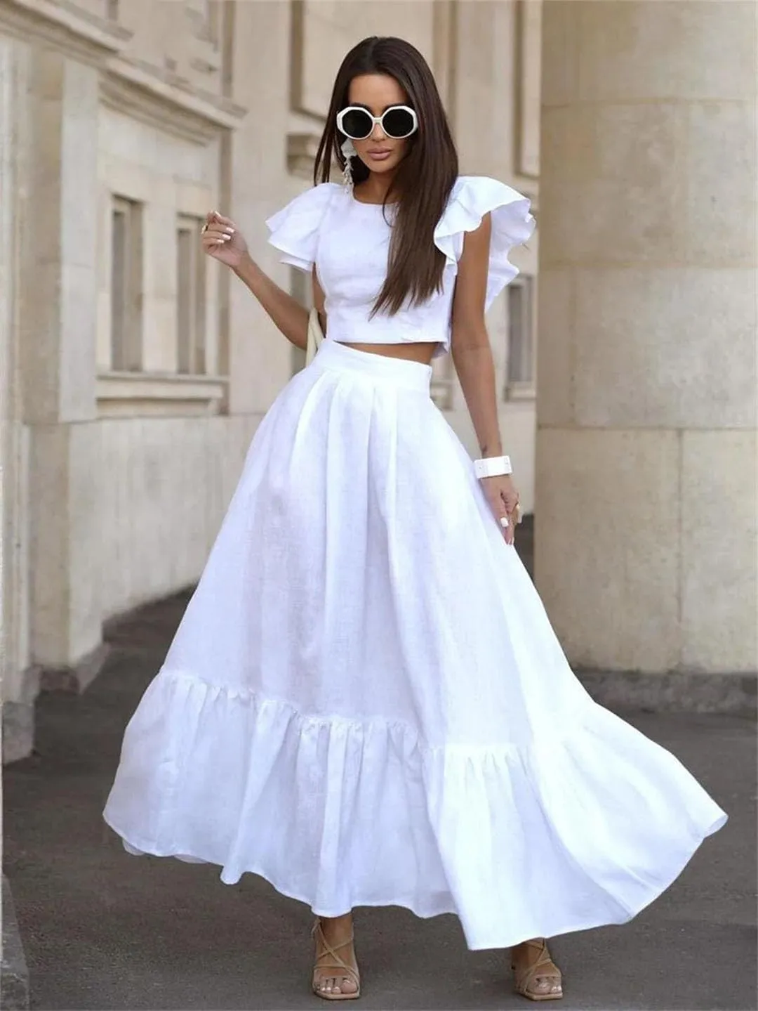 Women Linen 2 Piece Sets Outfit Short Sleeve Ruffle Crop Top With High Waist Long Skirts Set