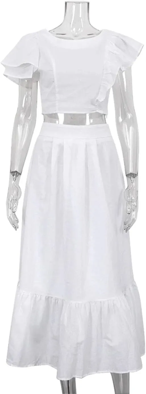 Women Linen 2 Piece Sets Outfit Short Sleeve Ruffle Crop Top With High Waist Long Skirts Set