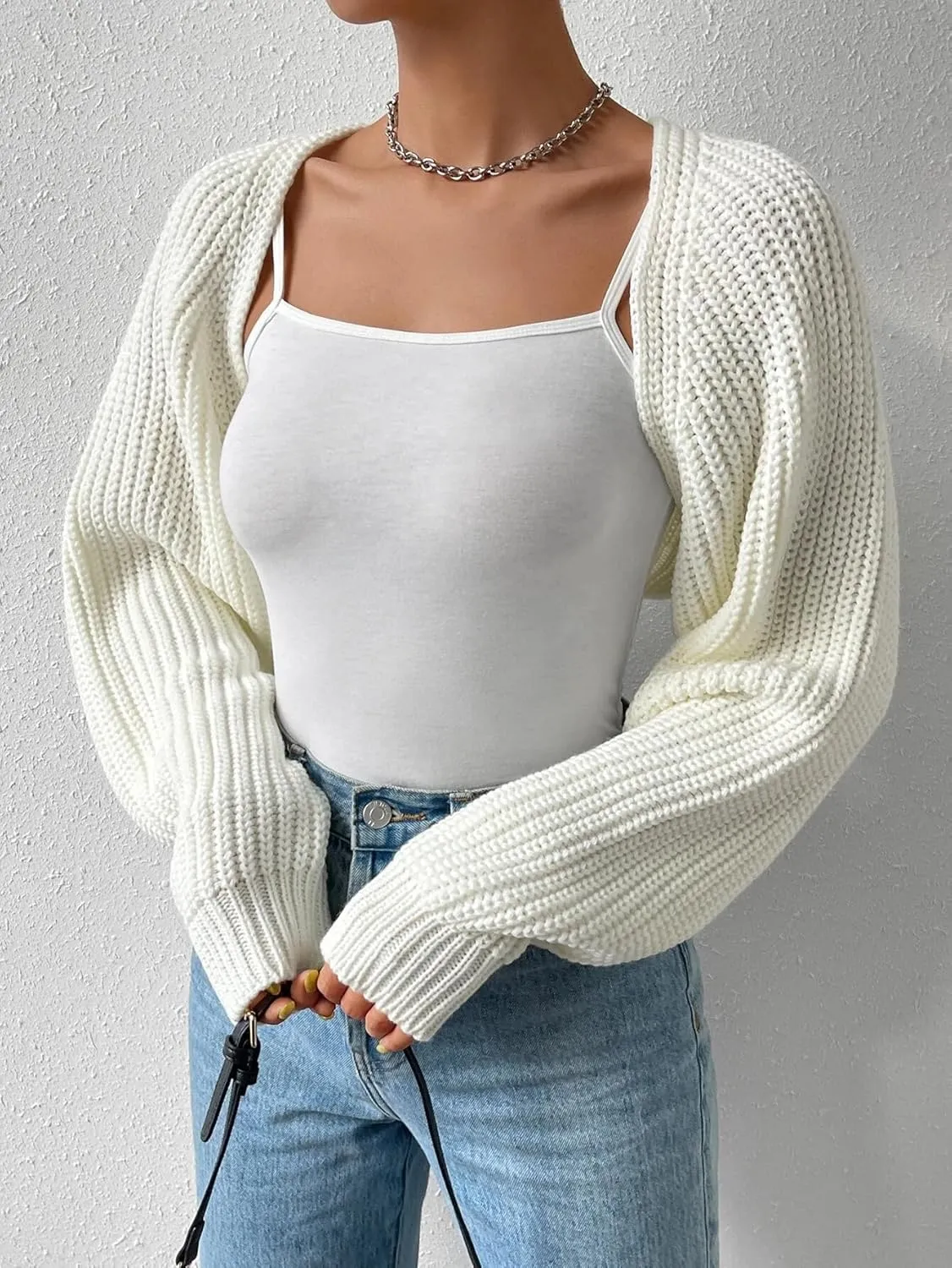 Women Long Sleeve Drop Shoulder Crop Cardigan Sweater Solid Loose Fit Casual Open Front Crop Shrug Sweater Top