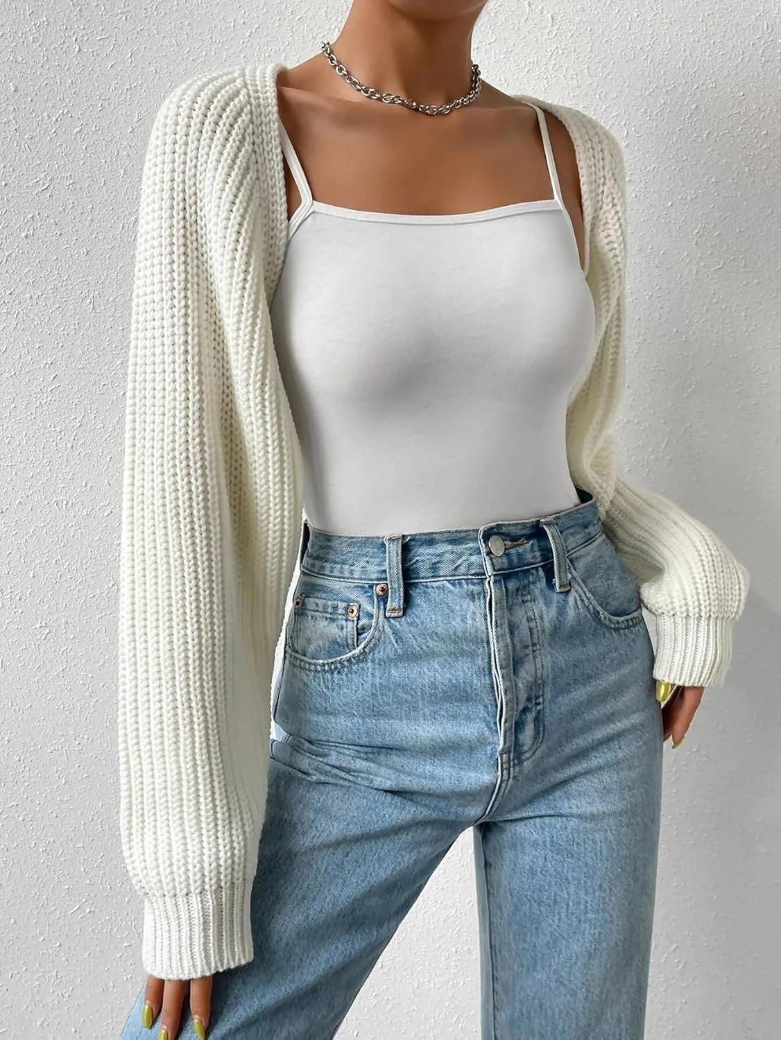 Women Long Sleeve Drop Shoulder Crop Cardigan Sweater Solid Loose Fit Casual Open Front Crop Shrug Sweater Top