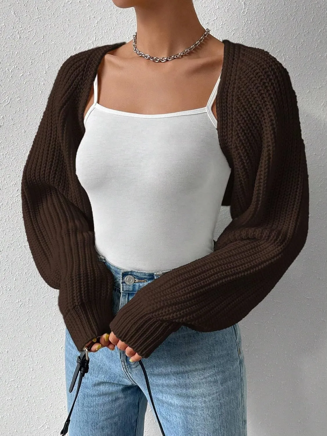 Women Long Sleeve Drop Shoulder Crop Cardigan Sweater Solid Loose Fit Casual Open Front Crop Shrug Sweater Top