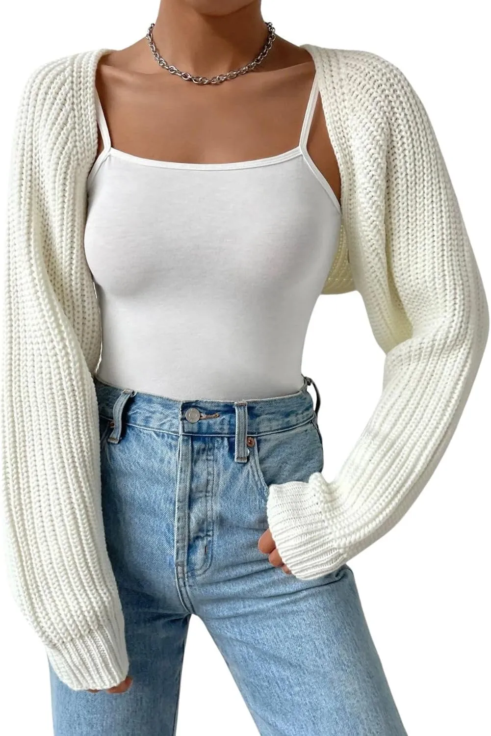 Women Long Sleeve Drop Shoulder Crop Cardigan Sweater Solid Loose Fit Casual Open Front Crop Shrug Sweater Top