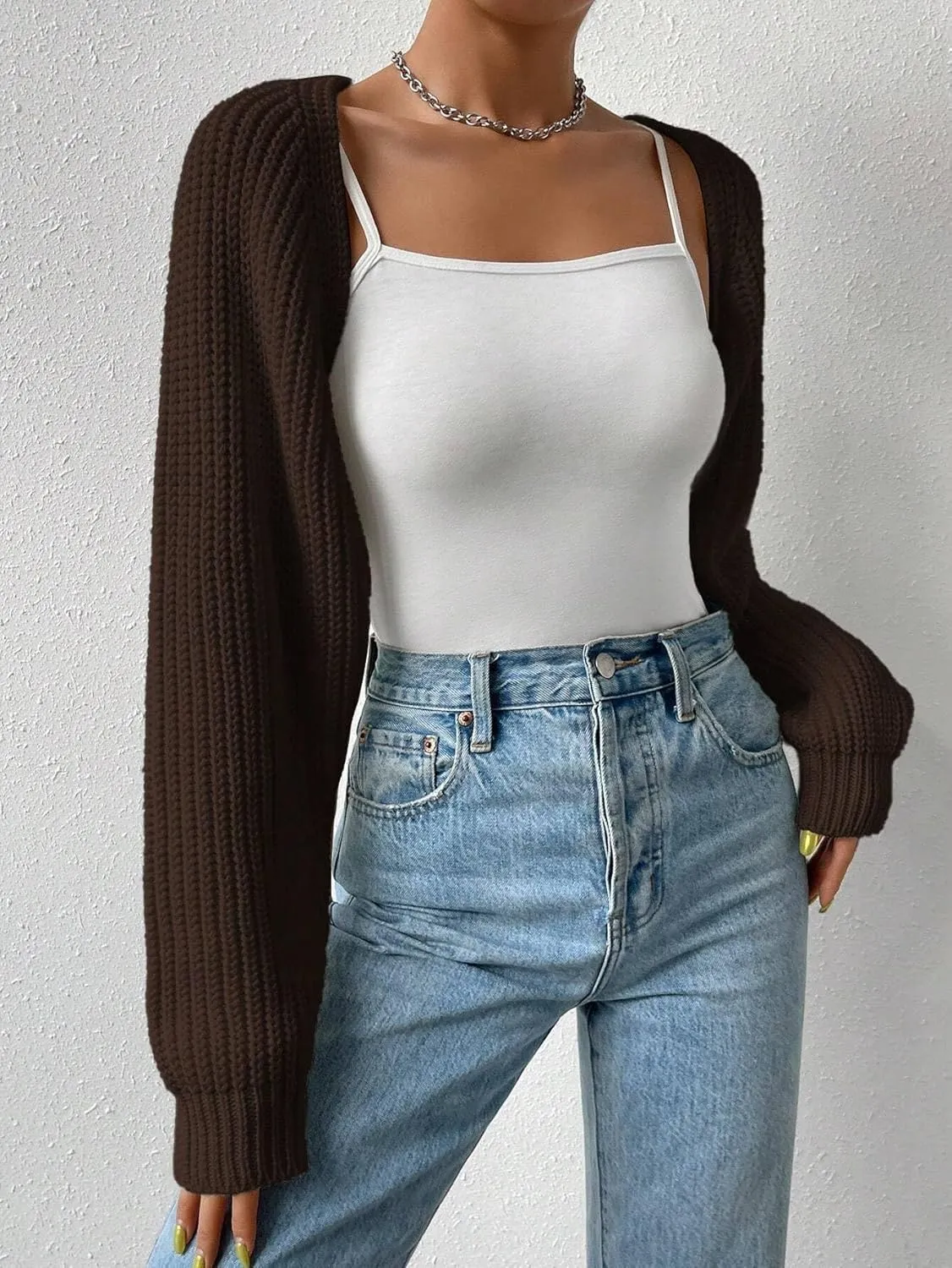 Women Long Sleeve Drop Shoulder Crop Cardigan Sweater Solid Loose Fit Casual Open Front Crop Shrug Sweater Top