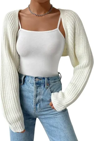 Women Long Sleeve Drop Shoulder Crop Cardigan Sweater Solid Loose Fit Casual Open Front Crop Shrug Sweater Top
