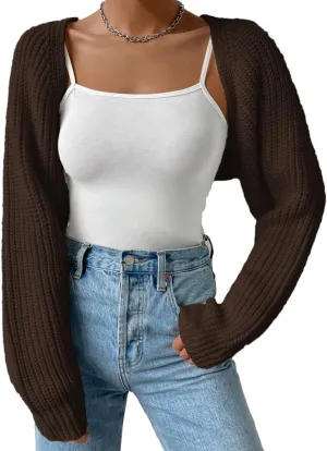Women Long Sleeve Drop Shoulder Crop Cardigan Sweater Solid Loose Fit Casual Open Front Crop Shrug Sweater Top