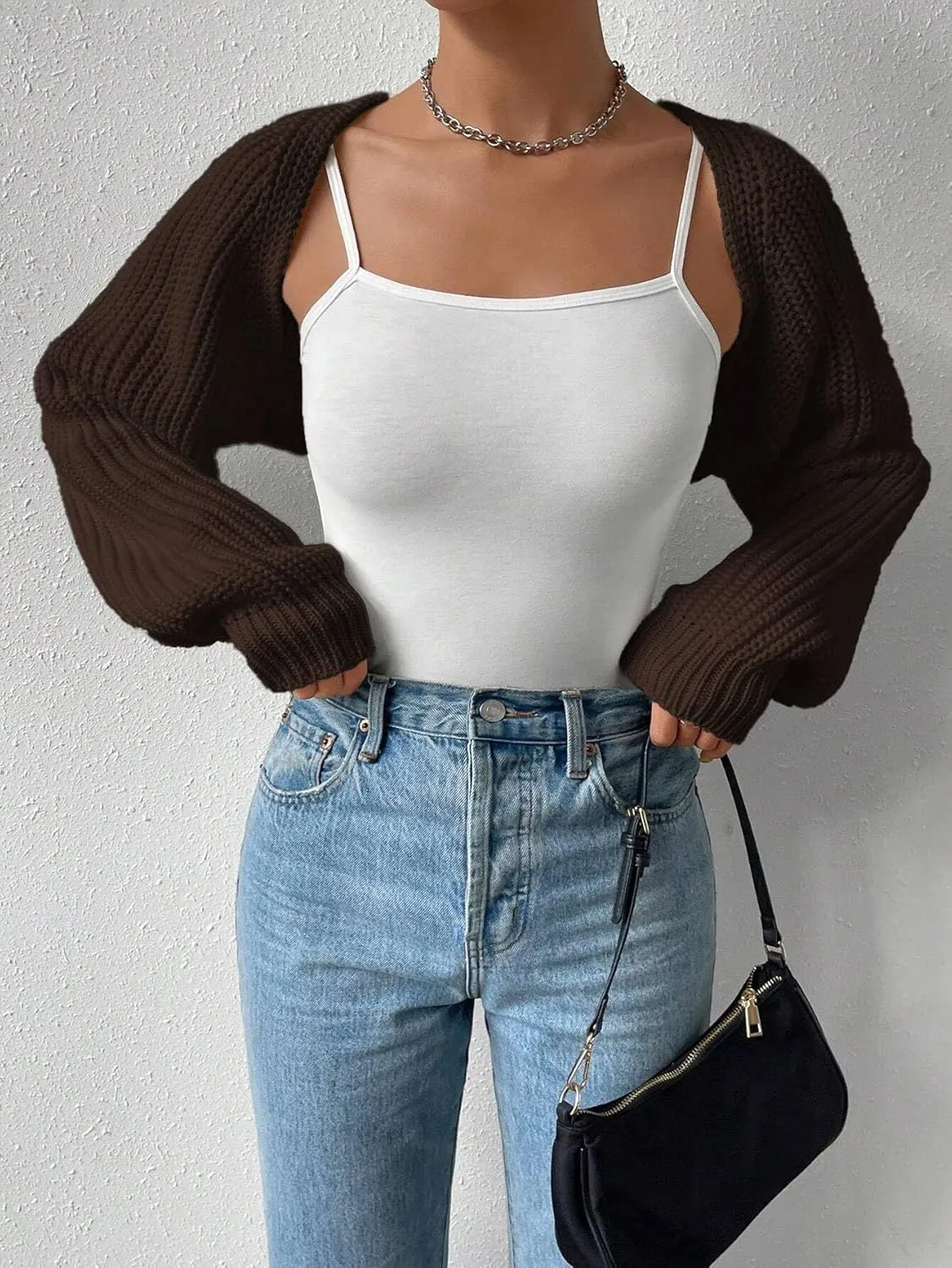Women Long Sleeve Drop Shoulder Crop Cardigan Sweater Solid Loose Fit Casual Open Front Crop Shrug Sweater Top