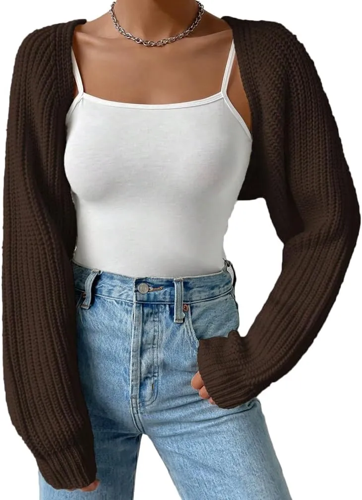 Women Long Sleeve Drop Shoulder Crop Cardigan Sweater Solid Loose Fit Casual Open Front Crop Shrug Sweater Top