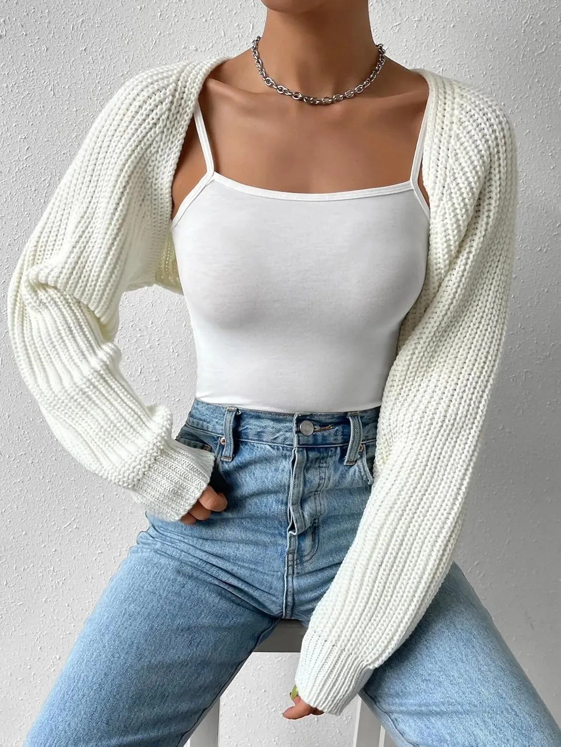 Women Long Sleeve Drop Shoulder Crop Cardigan Sweater Solid Loose Fit Casual Open Front Crop Shrug Sweater Top