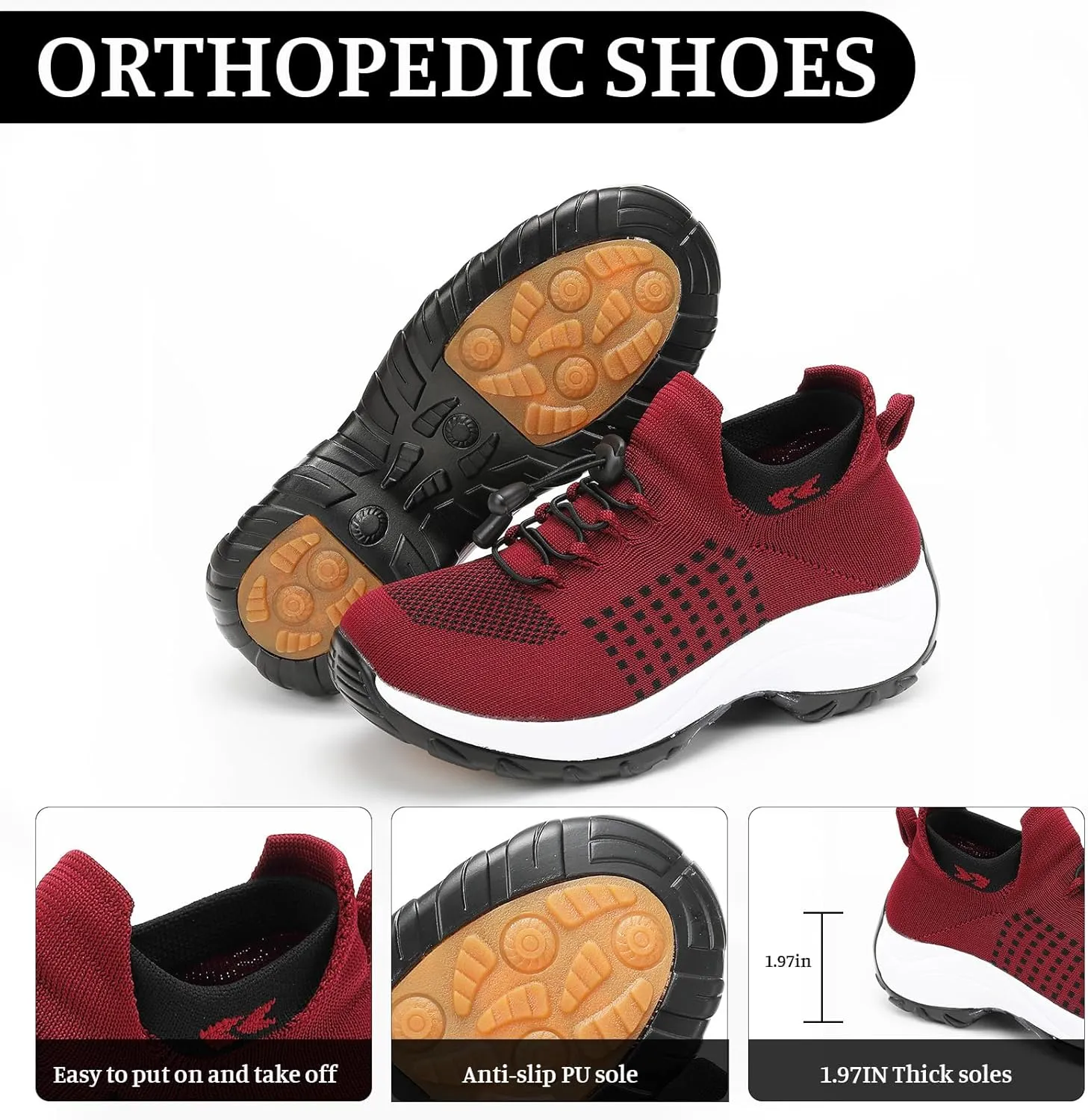 Women Orthopedic Sneakers Slip On for Walking, Breathable Comfortable, Thick Bottom Air Cushion, Non Slip for Gym, Casual Ladies Athletic Shoe