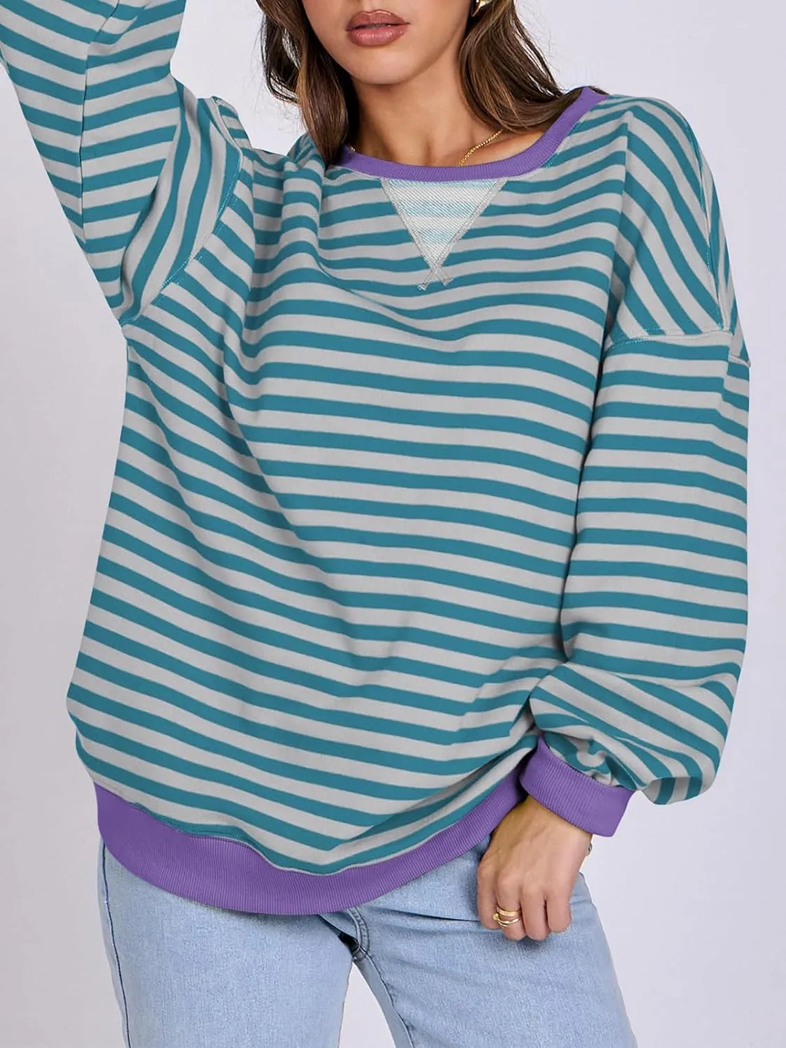 Women Oversized Striped Color Block Long Sleeve Crew Neck Sweatshirt Casual Loose Pullover Y2K Shirt Top