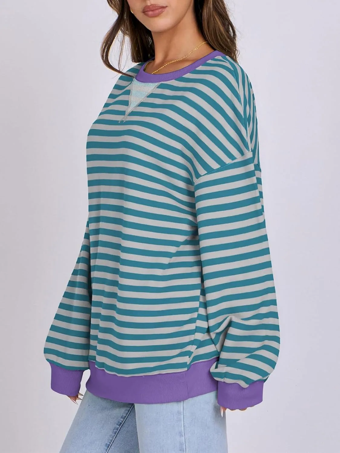 Women Oversized Striped Color Block Long Sleeve Crew Neck Sweatshirt Casual Loose Pullover Y2K Shirt Top