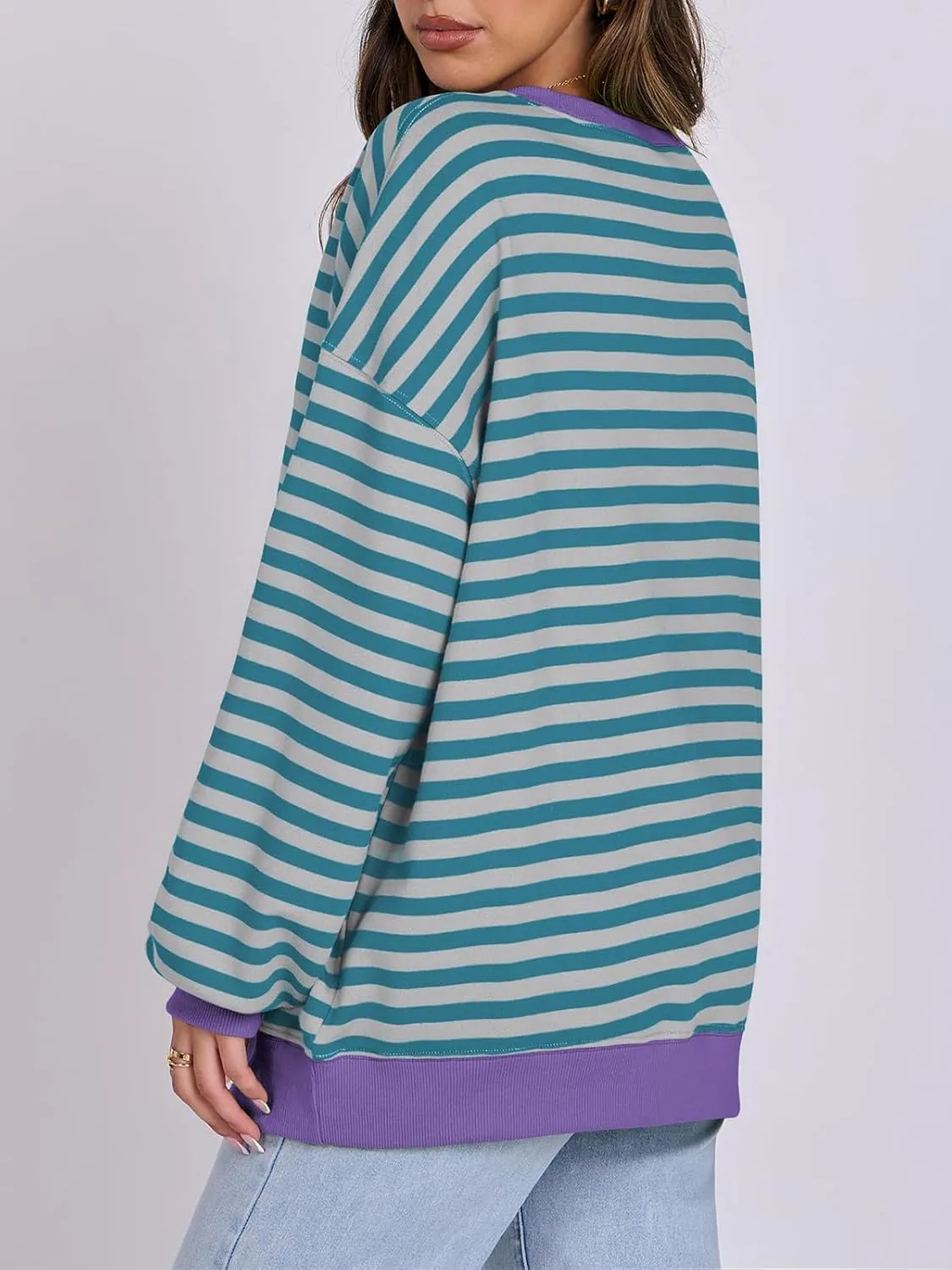 Women Oversized Striped Color Block Long Sleeve Crew Neck Sweatshirt Casual Loose Pullover Y2K Shirt Top