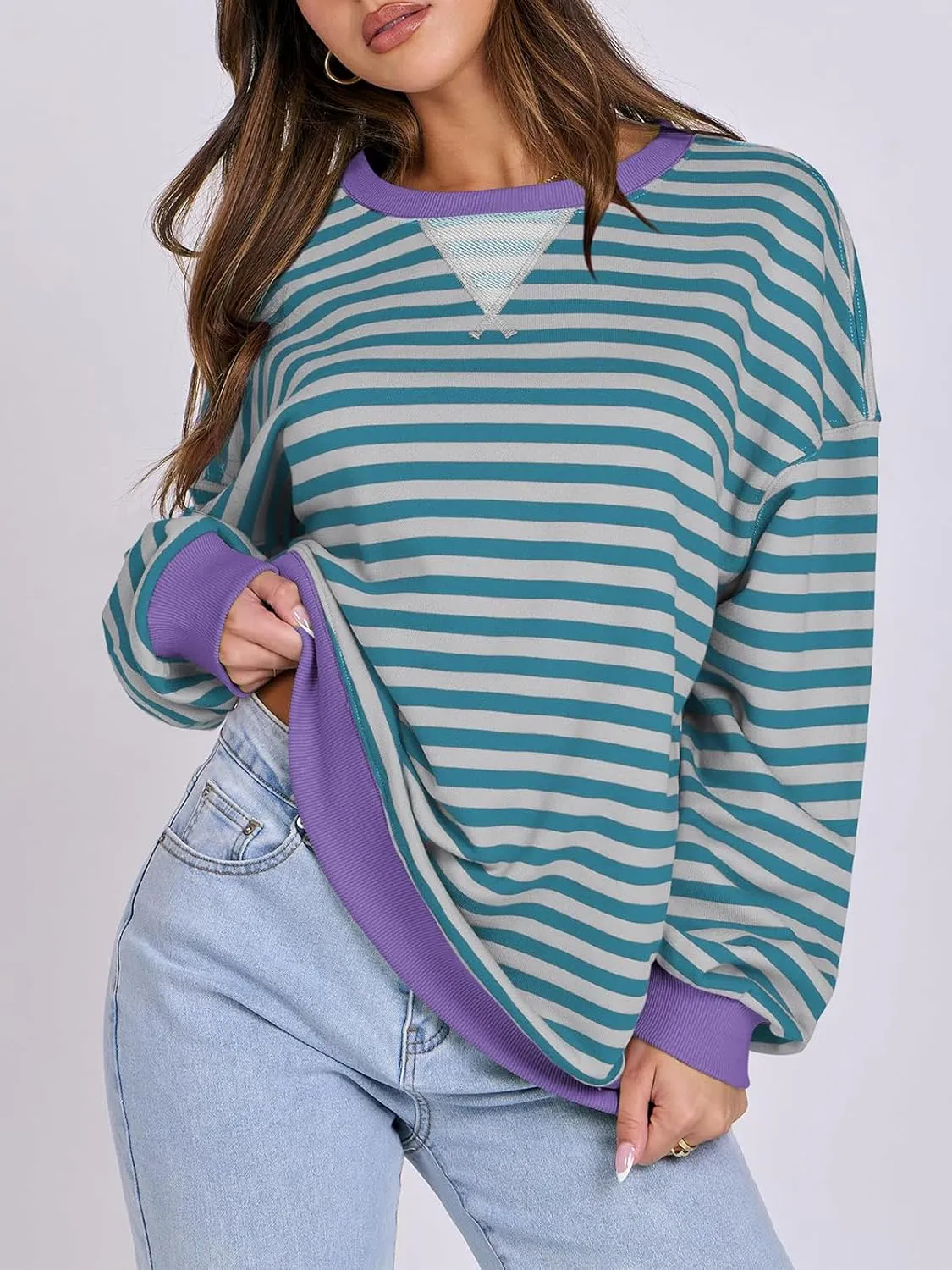 Women Oversized Striped Color Block Long Sleeve Crew Neck Sweatshirt Casual Loose Pullover Y2K Shirt Top