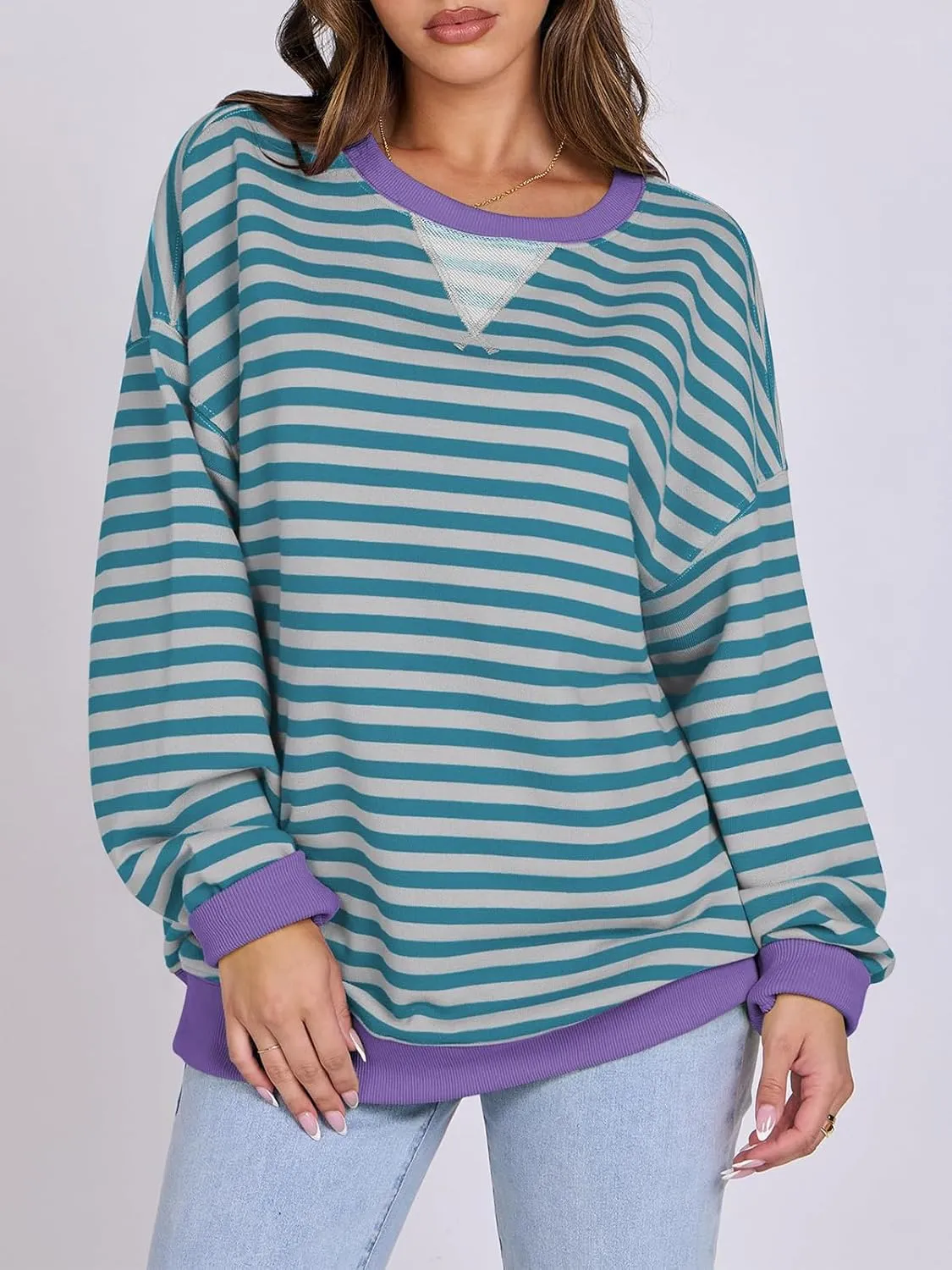 Women Oversized Striped Color Block Long Sleeve Crew Neck Sweatshirt Casual Loose Pullover Y2K Shirt Top
