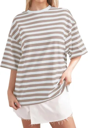 Women Oversized Striped Color Block Short Sleeve Crew Neck T Shirts Casual Loose Short Sleeved Shirts for Women