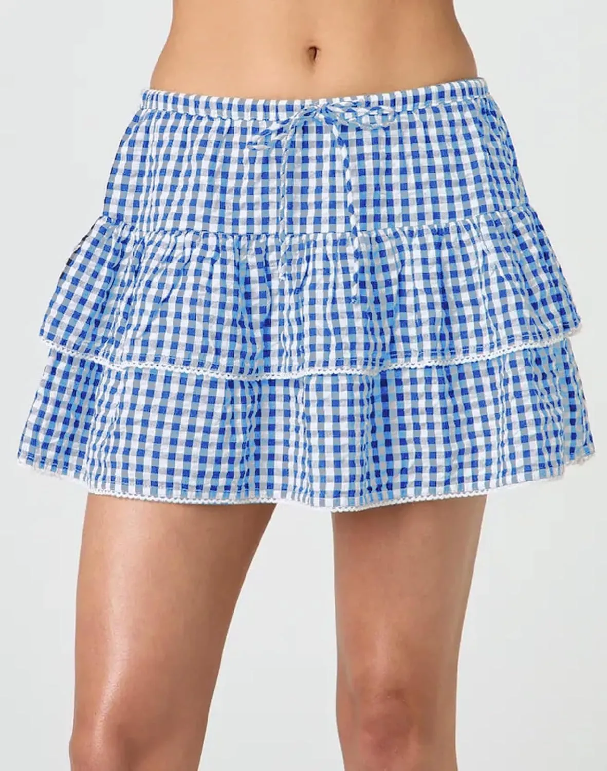 Women Plaid Ruffle Mini Skirt Y2k Gingham A line Pleated Short Skirt Elastic High Waist Layered Tiered Skirt