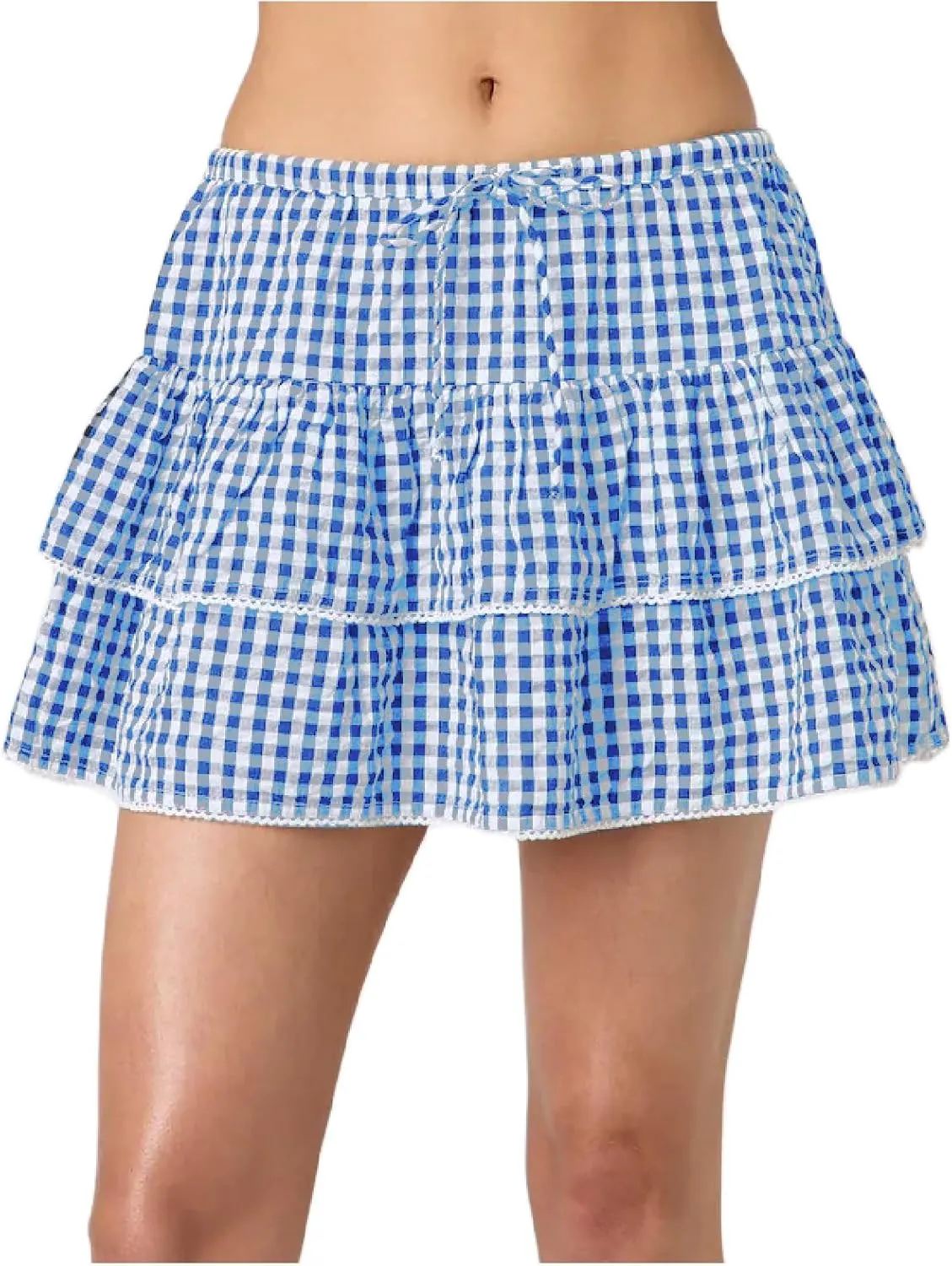 Women Plaid Ruffle Mini Skirt Y2k Gingham A line Pleated Short Skirt Elastic High Waist Layered Tiered Skirt