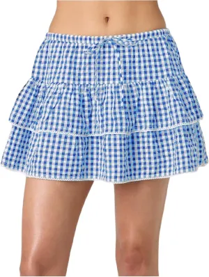 Women Plaid Ruffle Mini Skirt Y2k Gingham A line Pleated Short Skirt Elastic High Waist Layered Tiered Skirt
