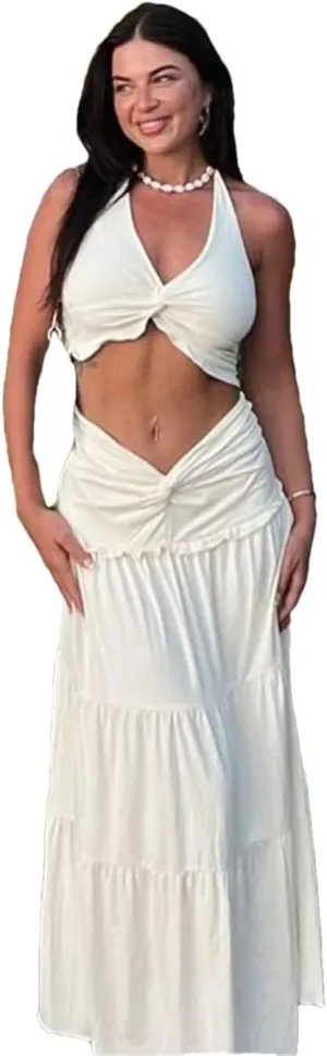 Women Pleated Matching 2 Piece Solid Sexy Ruffle Halter V-Neck Crop Tanks Cross High Waist Skirts