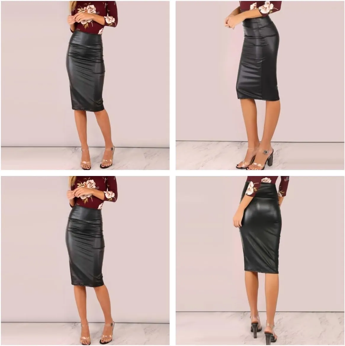 Women PU Skirt, High Waist Bodycon Pencil Midi Skirt, Black Work Office Mini Skirt, Casual Slim Midi Hip Skirt