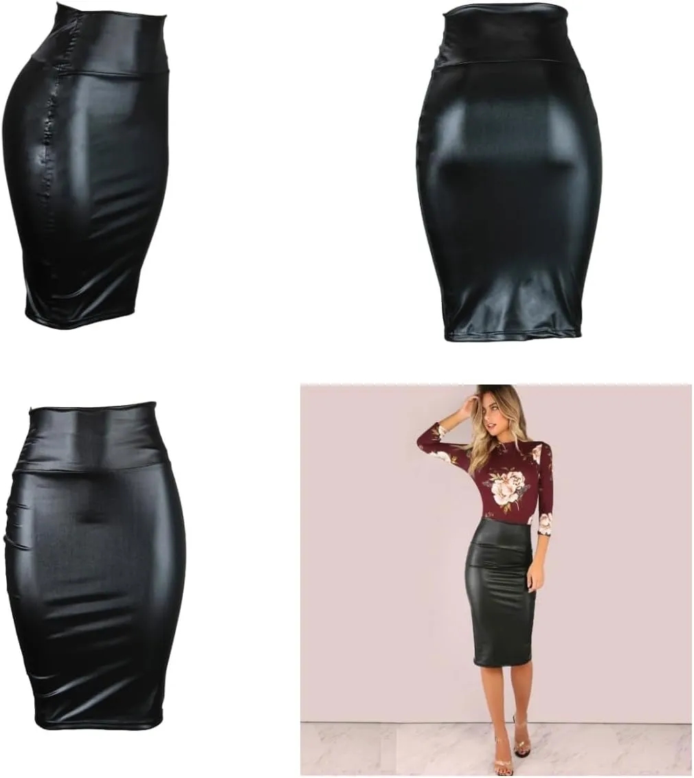Women PU Skirt, High Waist Bodycon Pencil Midi Skirt, Black Work Office Mini Skirt, Casual Slim Midi Hip Skirt