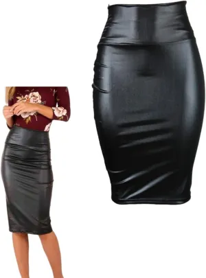 Women PU Skirt, High Waist Bodycon Pencil Midi Skirt, Black Work Office Mini Skirt, Casual Slim Midi Hip Skirt